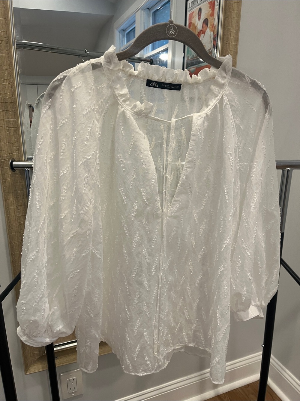 Zara White Sheer Textured Peasant Blouse